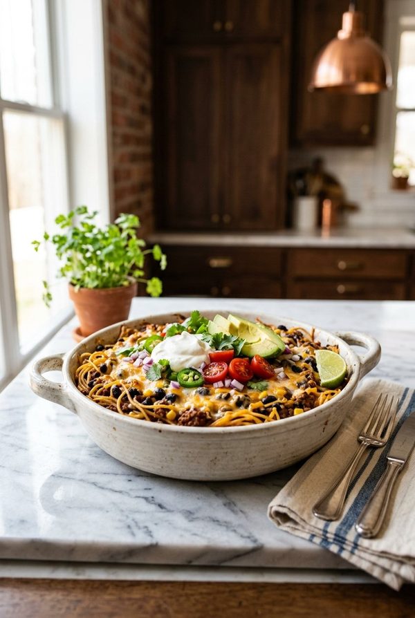 One Pot Taco Spaghetti Bake fresh from the oven