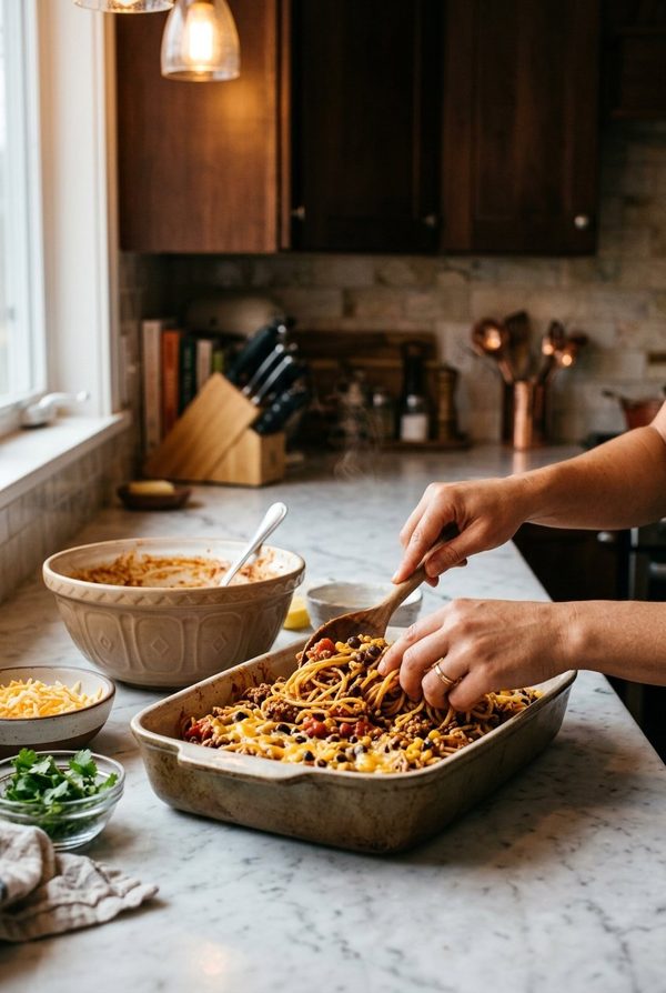 One Pot Taco Spaghetti Bake being prepared in the kitchen