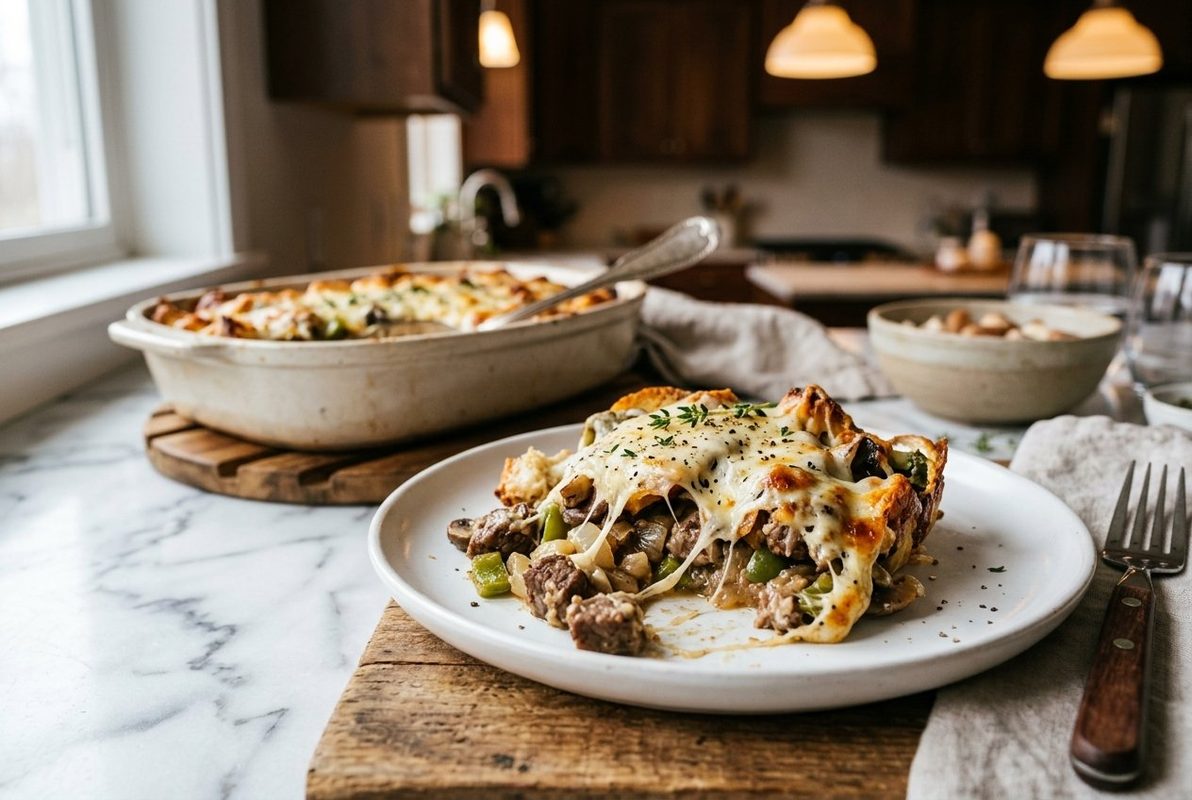Philly Cheesesteak Casserole hero shot with a serving scooped out