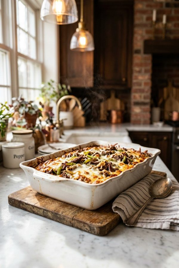 Philly Cheesesteak Casserole fresh from the oven