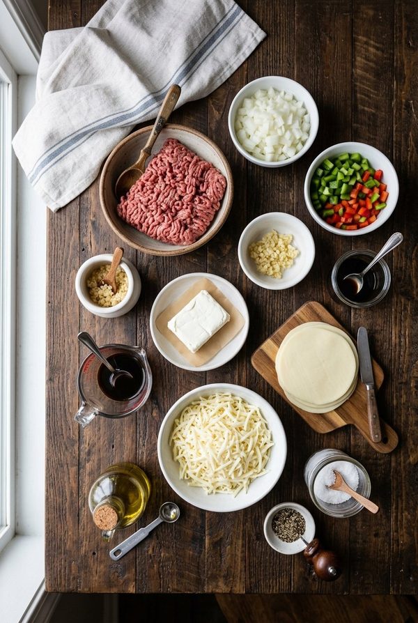 Philly Cheesesteak Casserole ingredients laid out on black marble countertop