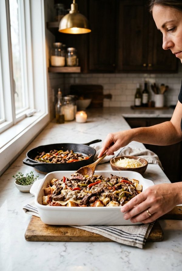Philly Cheesesteak Casserole being prepared in the kitchen