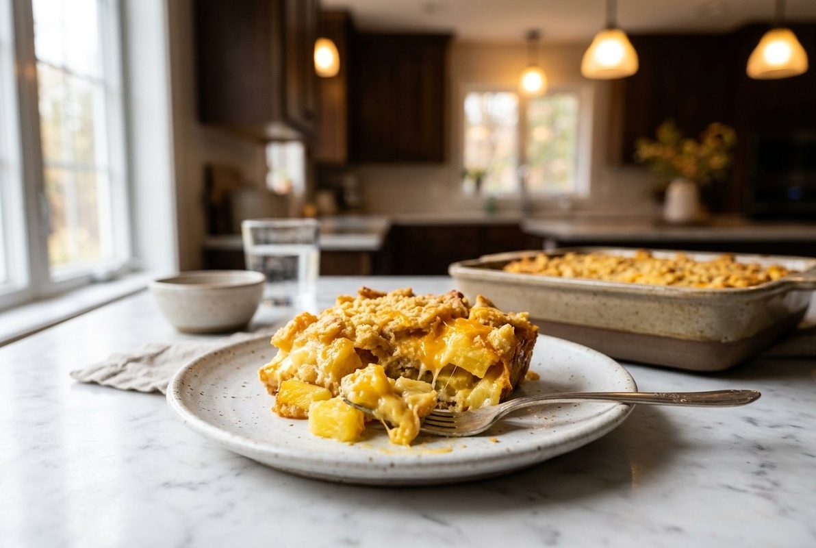 Pineapple Casserole hero shot with a serving scooped out