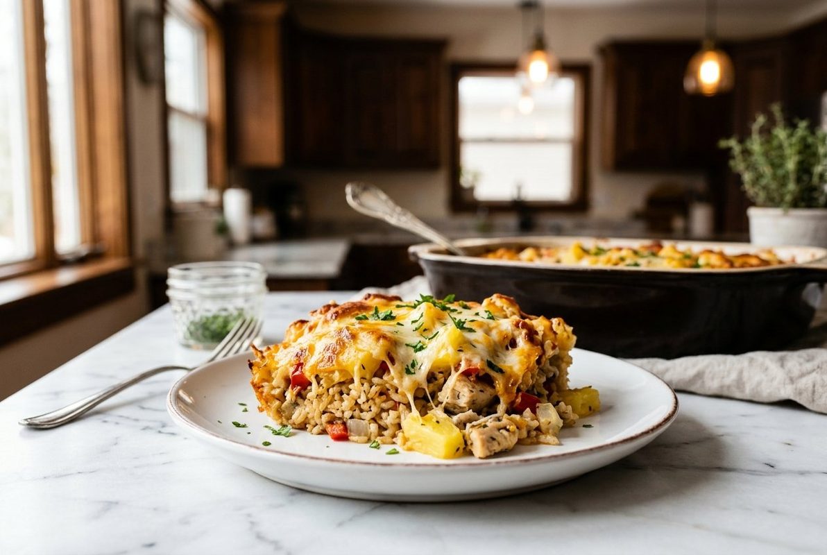 Pineapple Chicken Rice Casserole hero shot with a serving scooped out