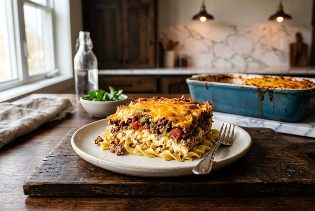 Poor Man's Husband Casserole hero shot with a serving scooped out
