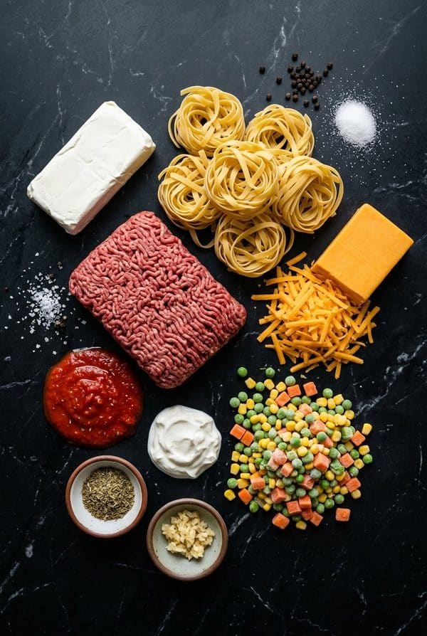 Poor Man's Husband Casserole ingredients laid out on black marble countertop