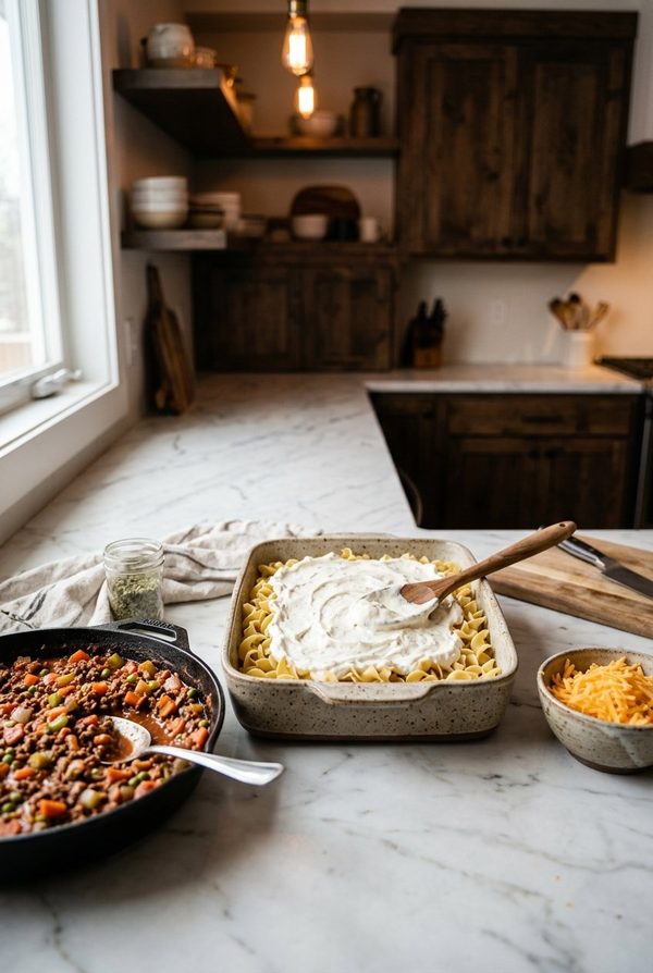 Poor Man's Husband Casserole being prepared in the kitchen
