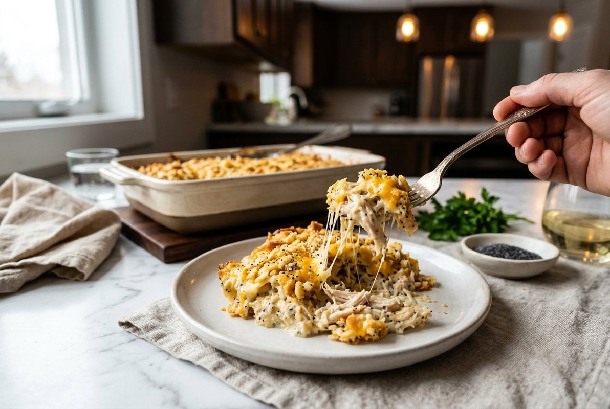 Poppy Seed Chicken Casserole hero shot with a serving scooped out