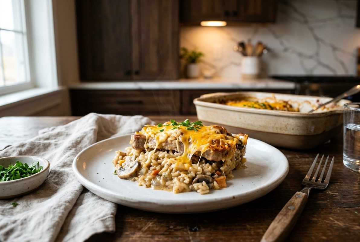 Pork Chop Casserole With Rice hero shot with a serving scooped out