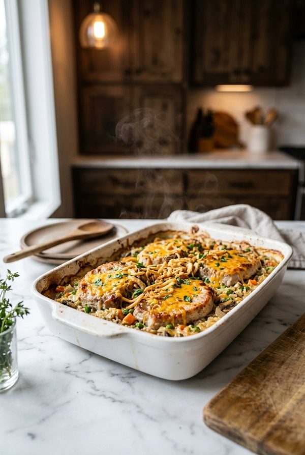 Pork Chop Casserole With Rice fresh from the oven