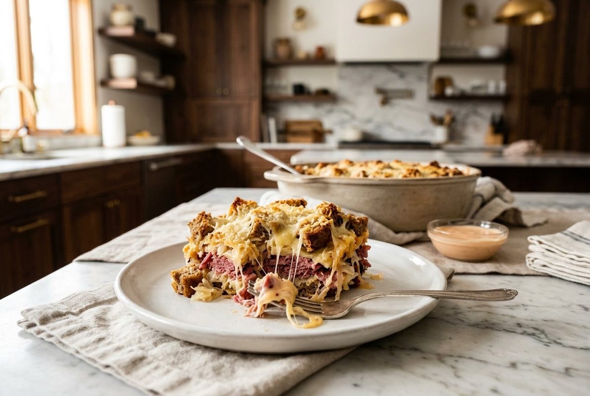 Reuben Casserole hero shot with a serving scooped out