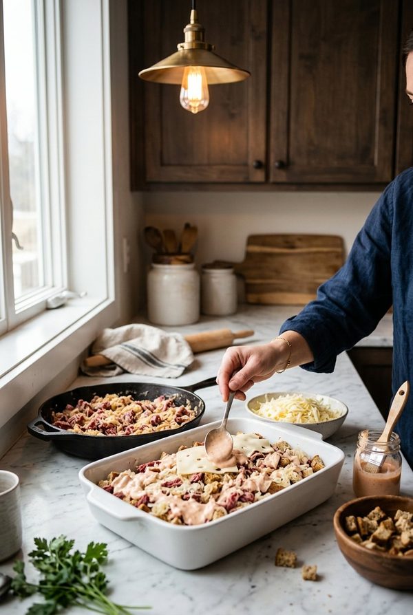 Reuben Casserole being prepared in the kitchen