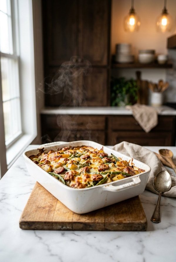 Sausage Green Bean And Potato Casserole fresh from the oven