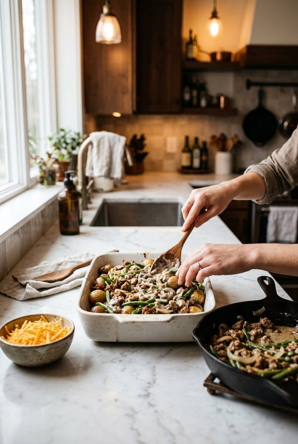 Sausage Green Bean And Potato Casserole being prepared in the kitchen