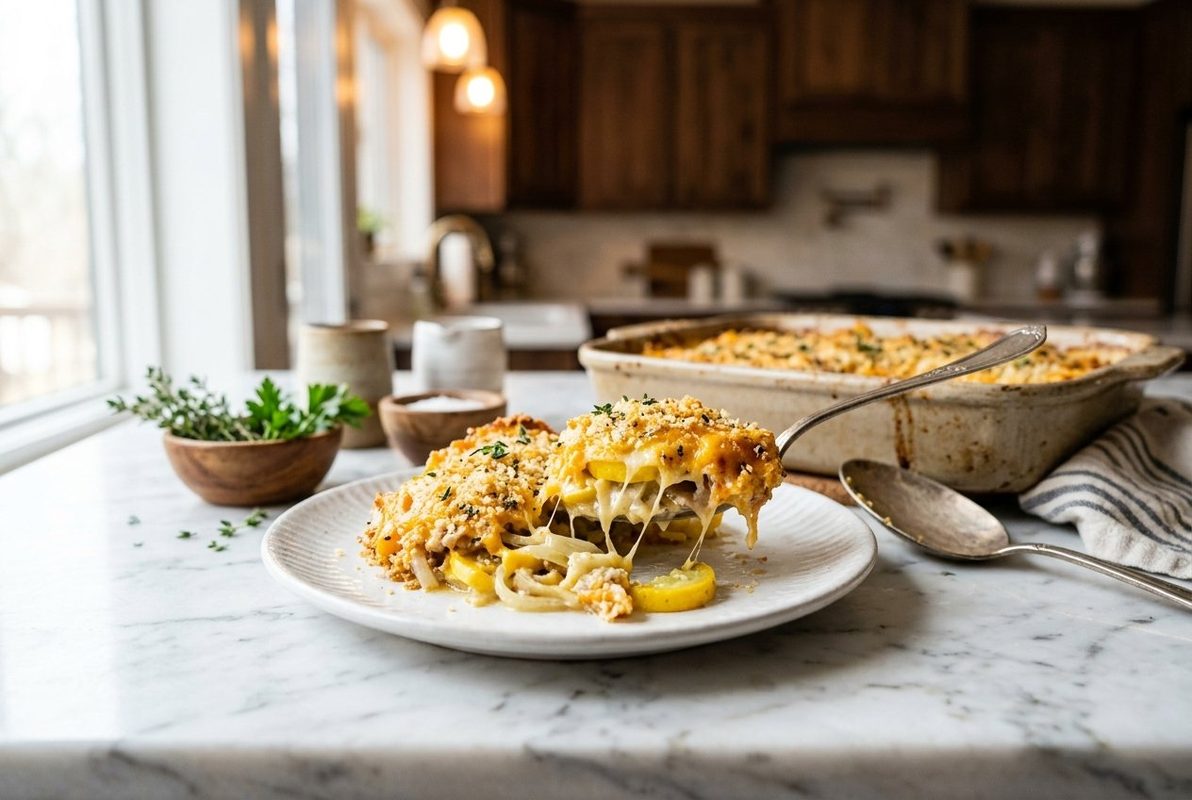 Slap Your Mama Casserole hero shot with a serving scooped out