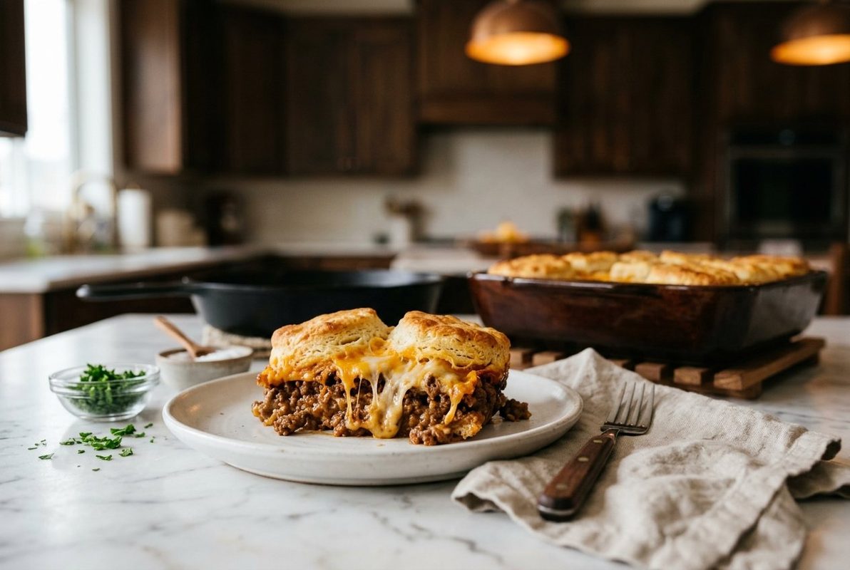 Sloppy Joe Biscuit Casserole hero shot with a serving scooped out