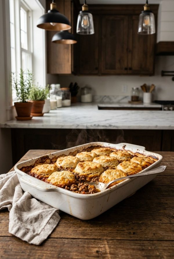 Sloppy Joe Biscuit Casserole fresh from the oven