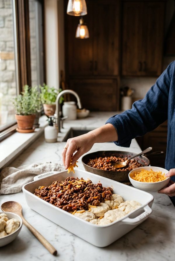 Sloppy Joe Biscuit Casserole being prepared in the kitchen