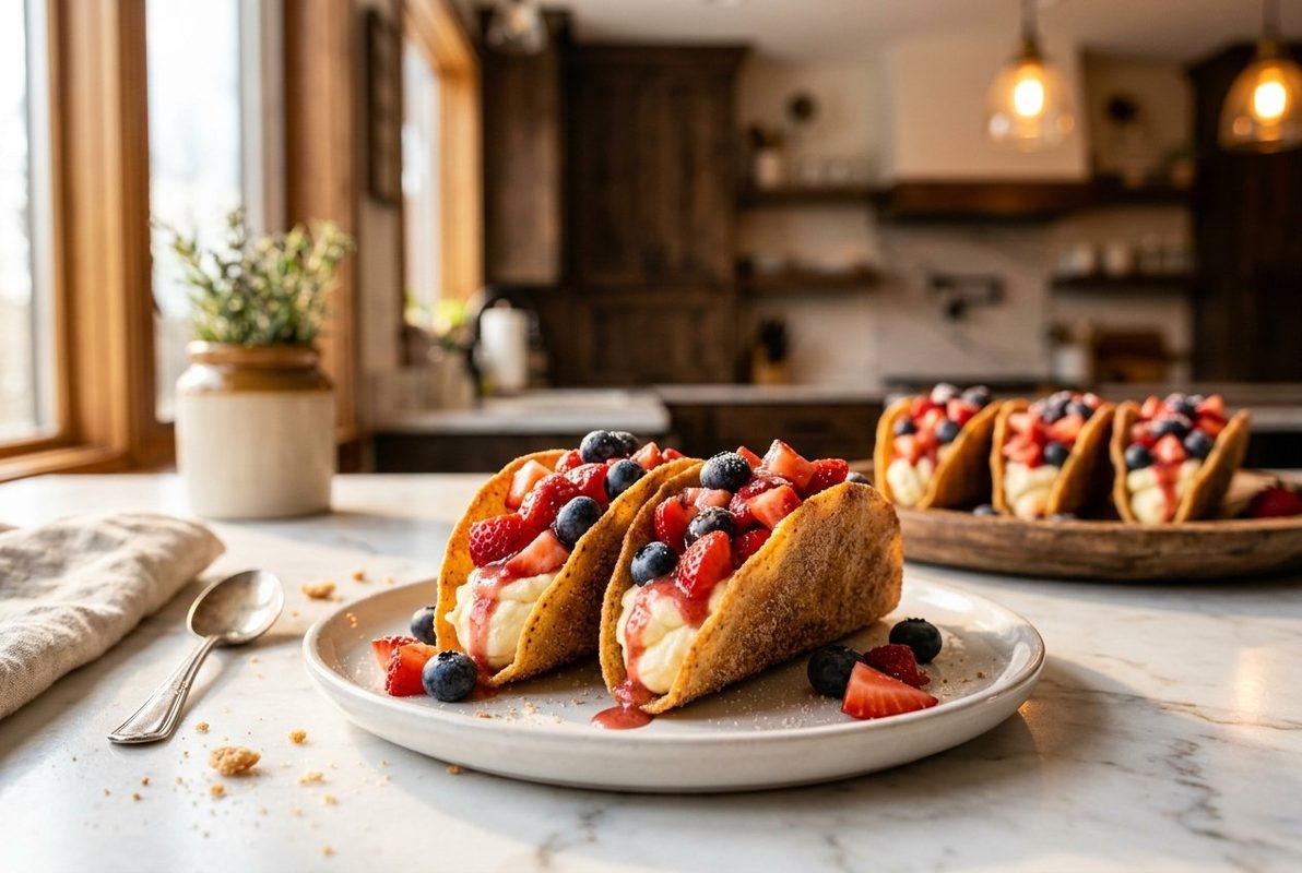 Strawberry Cheesecake Tacos hero shot with a serving scooped out