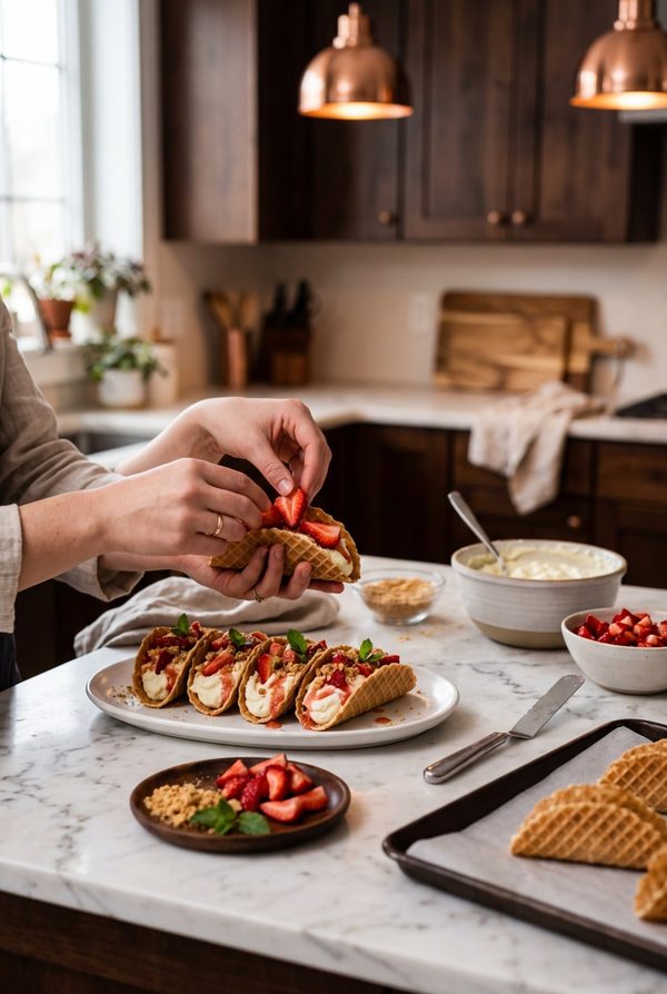 Strawberry Cheesecake Tacos being prepared in the kitchen