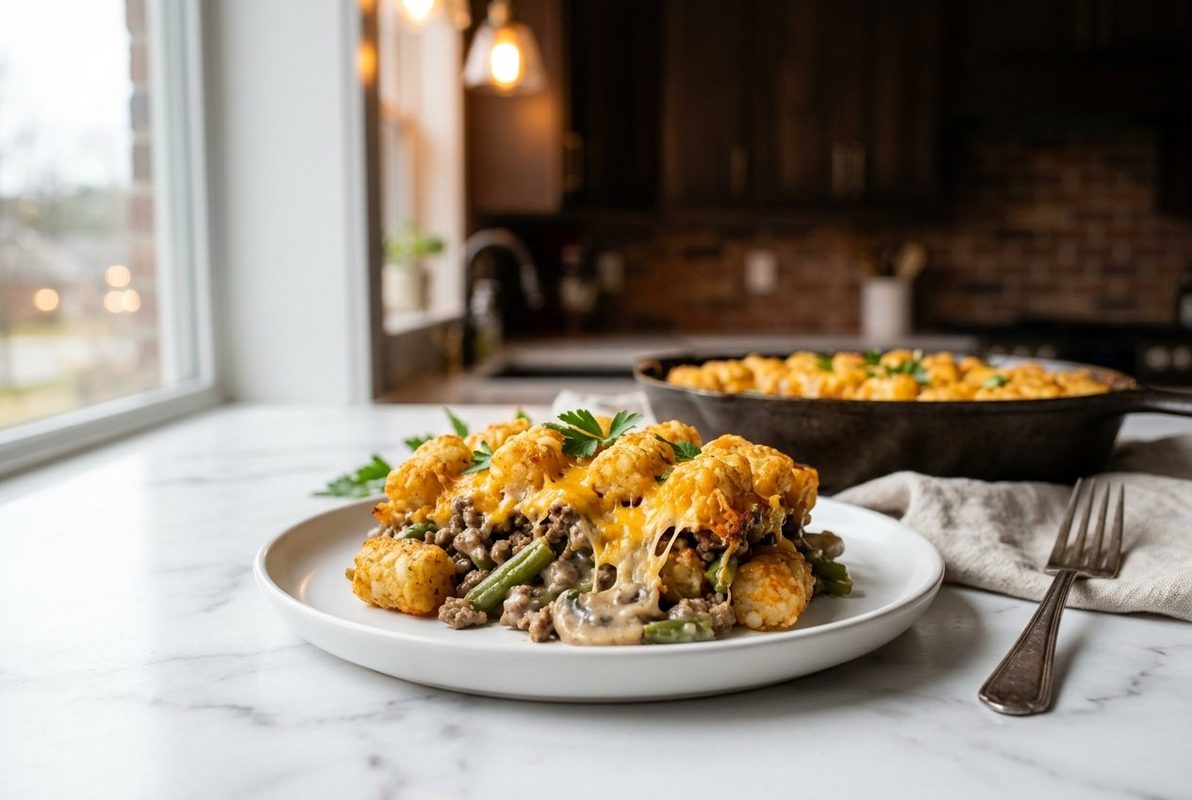 Tater Tot Casserole With Ground Beef hero shot with a serving scooped out