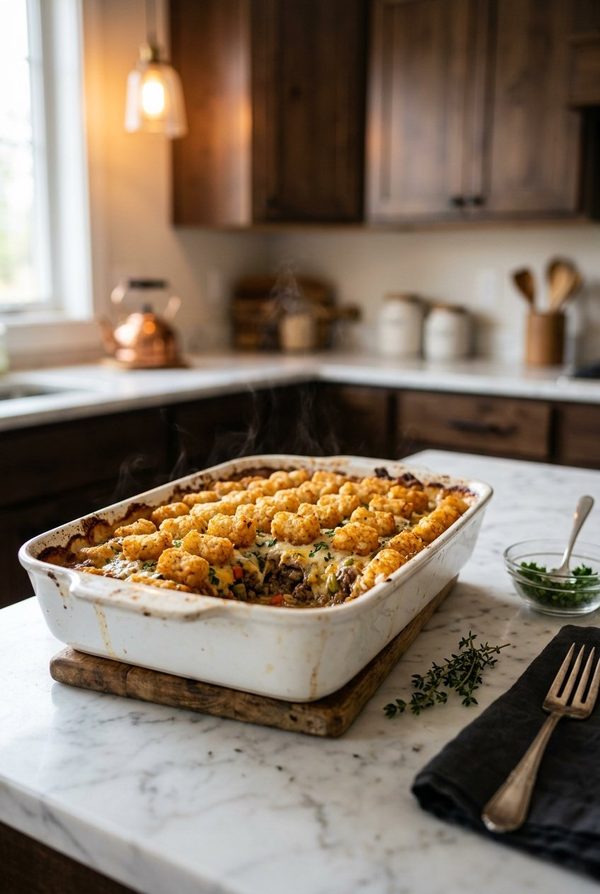 Tater Tot Casserole With Ground Beef fresh from the oven