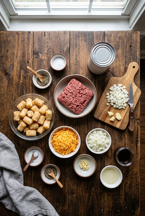 Tater Tot Casserole With Ground Beef ingredients laid out on black marble countertop