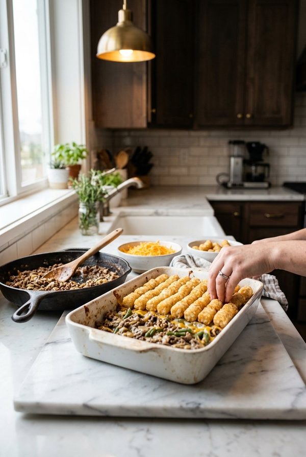 Tater Tot Casserole With Ground Beef being prepared in the kitchen