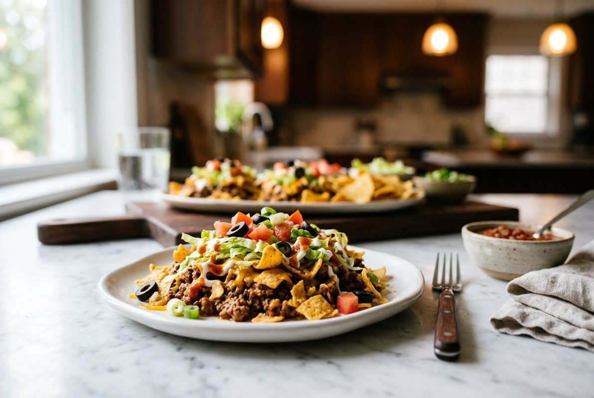Walking Taco Casserole hero shot with a serving scooped out