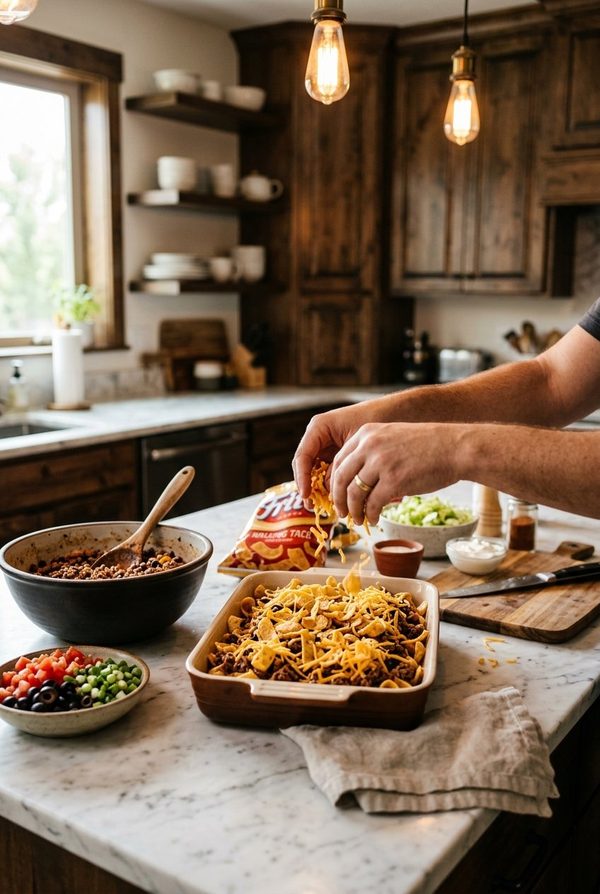 Walking Taco Casserole being prepared in the kitchen